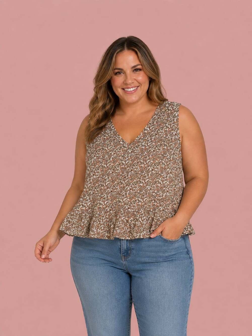 Natural Life Floral Paisley V-Neck Ruffle Peplum Tank Top